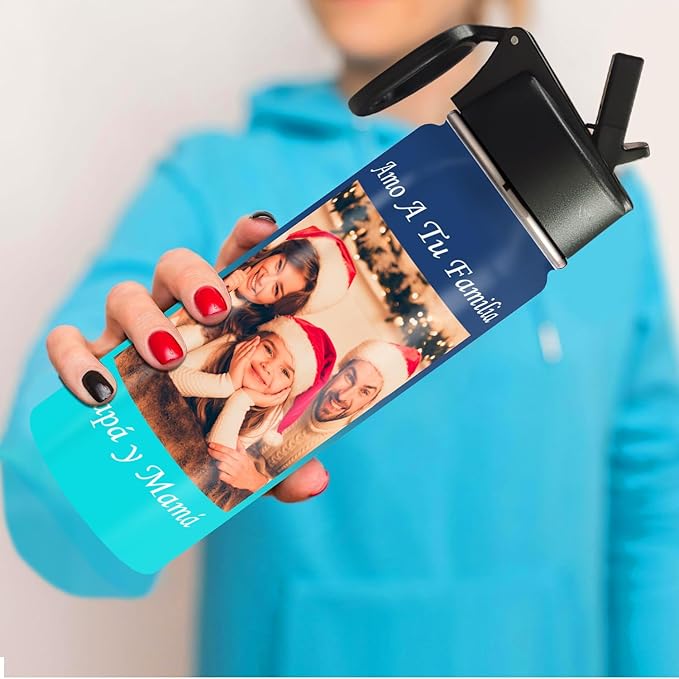 Personalized Photo Water Bottles, 18oz/32oz Custom Pictures Text Stainless Steel Insulated Sport Water Bottle with Straw Lid & Handle, Customized Cup Gifts for Men Women Birthday Anniversary Christmas