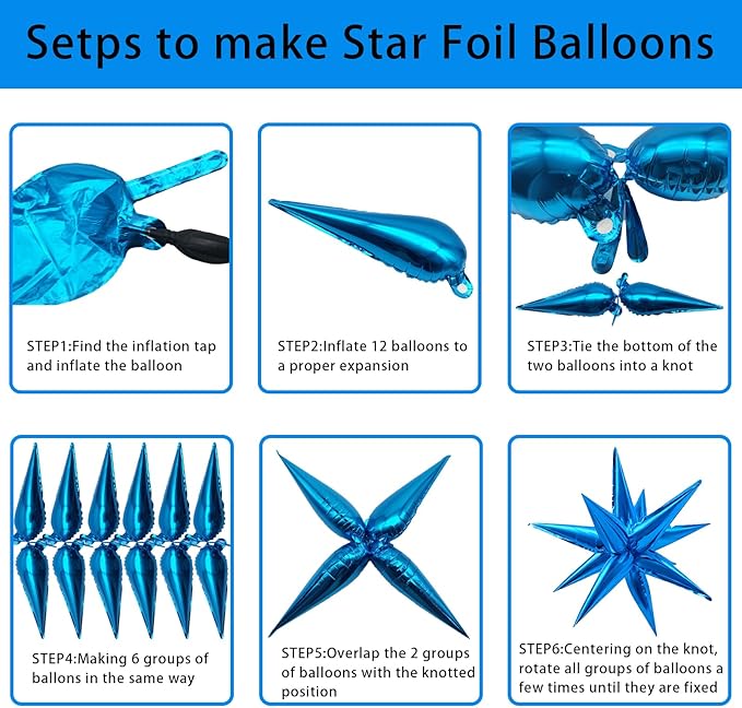 Blue Balloons Foil Star Ballons Explosion Mylar Baloons Large Spike Balloon Photo Backdrops Party Decoration for Birthday Gender Reveal Graduation Wedding Anniversary Bachelorette Halloween Christmas