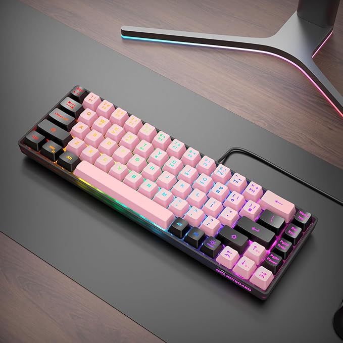 65% Wired Gaming Keyboard, LED Backlit, Ultra-Compact Anti-Ghosting No-Conflict 68 Keys Membrane Gaming Wired Keyboard for PC Laptop Windows Gamer(Pink-Black)