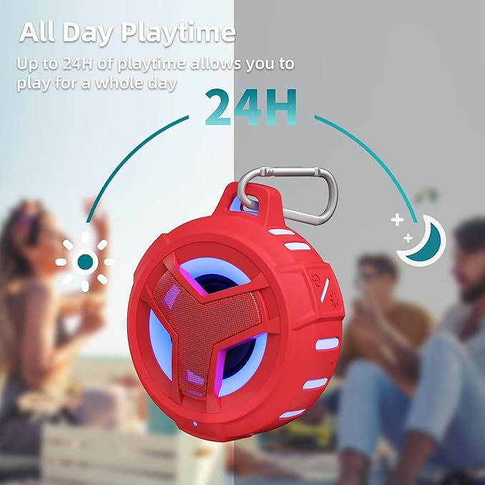 EBODA Bluetooth Shower Speaker, Waterproof Portable Speakers IPX7 Floating, True Wireless Stereo BT 5.0 Speaker with Bass, 2000mAh LED Light for Shower, Pool, Beach, Gifts for Women- Red