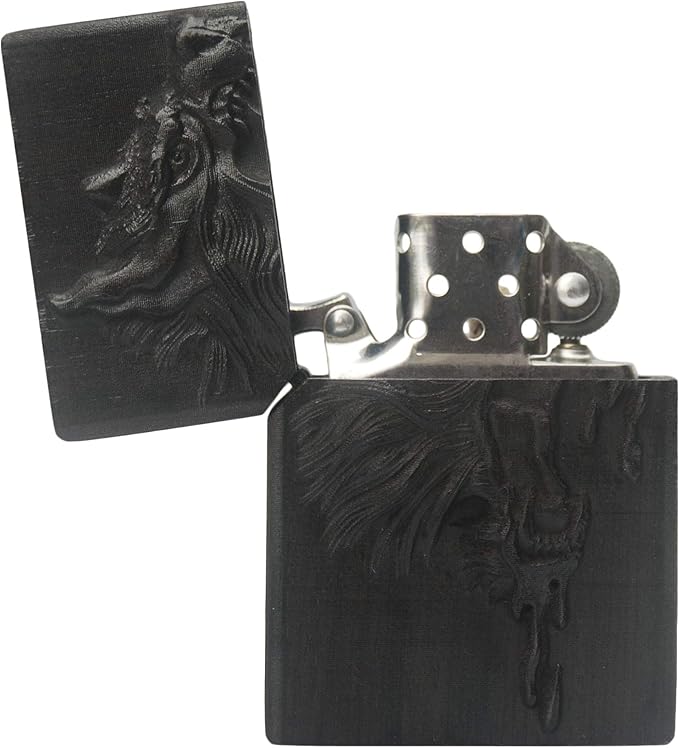 Natural Ebony Black Wood Carved Lighter Shell Box For Zippo Module (Wolf Totem)