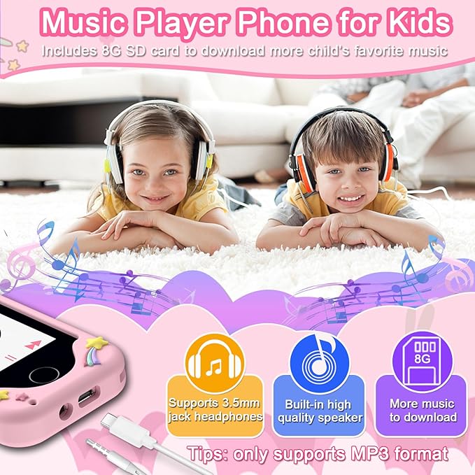Kids Phone for Girls Boys, Touchscreen Toddler Smartphone Learning Toy, 3-10 Year Old Christmas Birthday Gift, Play Cell Phone With Camera, Games, Music, 8GB Card
