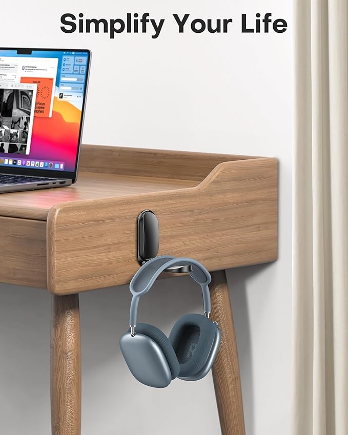 OMOTON Headphone Stand for Desk, Foldable Sticky Headset Stand Holder, Headphone Holder Hook Mount with Non-Slip Silicone, PC Gaming Accessories for Airpods Max, All Earphones- Black