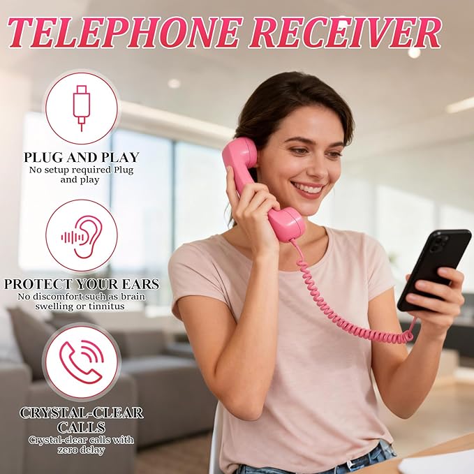Retro Phone Handset, 2026 New Retro Style Type-C Phone Handset,Vintage Wired Plug in Handheld Cell Phone Receiver with Microphone, Suitable for Cell Mobile Video Conferences,Calls,Meetings (Pink)