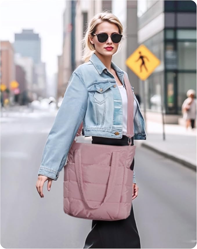 BAGSMART Tote Bag for Women, Lightweight Puffy Tote Bag with Compartments Shoulder Bag Handbag for Travel, Work, Gym | Puffy, Lightweight, for Travel, Quilted, Tote Bag with Compartments, Work