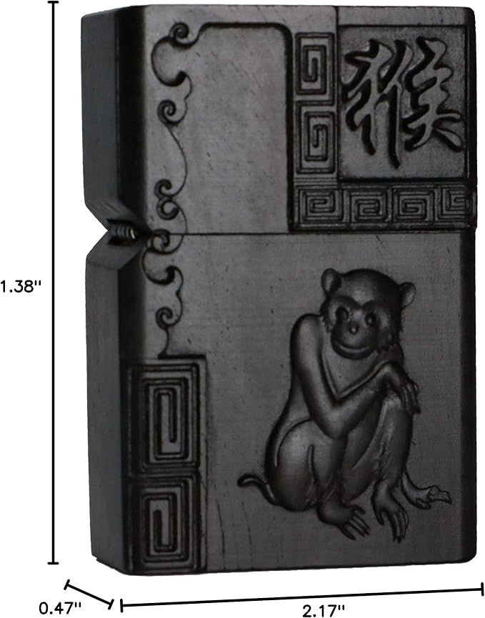 Natural Ebony Black Wood Carved Lighter Shell Box For Zippo Module (Zodiac Monkey)