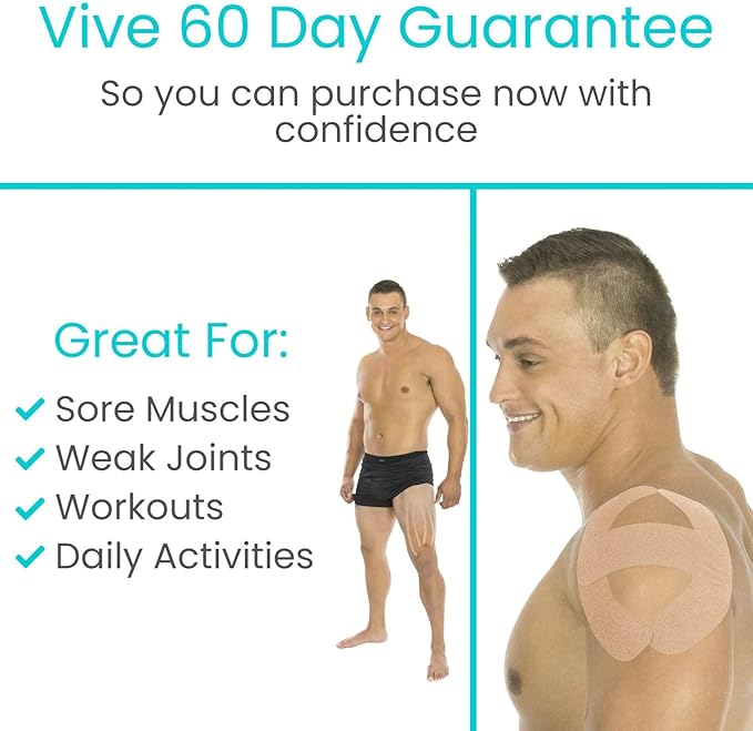 Vive Kinesiology Tape (16.4 Feet) - Therapeutic Athletic Support Tape - Uncut Kensio Roll - Muscle and Joint Recovery for Shoulder, Back, Knee, Elbow and Ankle Pain Relief - Waterproof for Sports