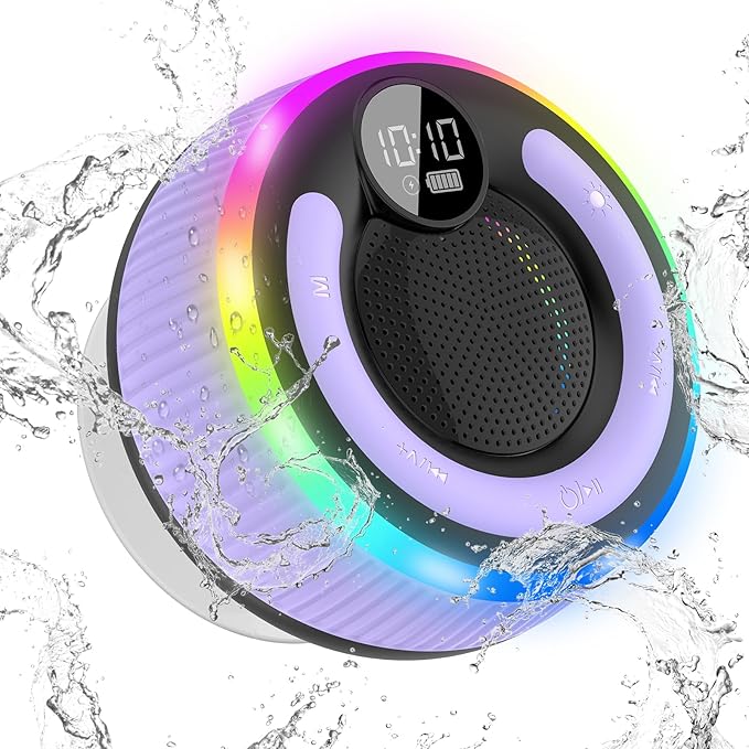 Portable Bluetooth Shower Speaker with Lights, Bluetooth 5.3, Small Wireless Speaker for Outdoor, Purple