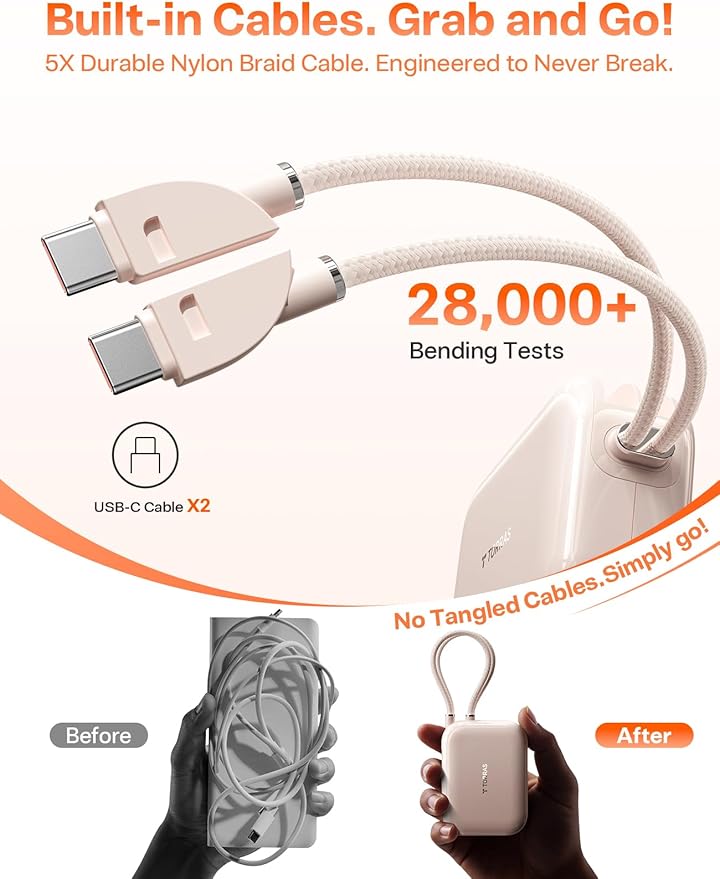 TORRAS EasyGo Portable Charger 10000mAh, 45W Ultra-Fast USB-C Power Bank with Dual Built-in Cables, Integrated Lanyard Design for One-Hand Use, Battery Pack Compatible with iPhone 16/17 Pro, Samsung