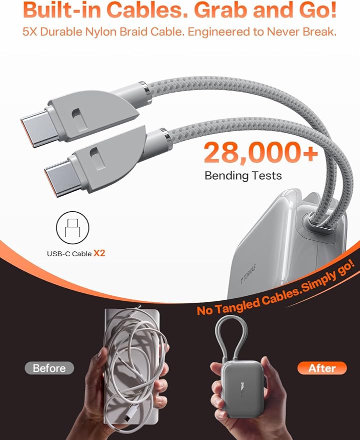 TORRAS EasyGo Portable Charger 10000mAh, 45W Ultra-Fast USB-C Power Bank with Dual Built-in Cables, Integrated Lanyard Design for One-Hand Use, Battery Pack Compatible with iPhone 16/17 Pro, Samsung