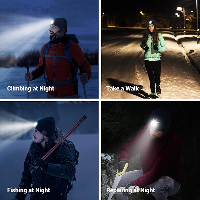 Bluetooth Beanie with Light, HD Stereo Sound, USB Rechargeable Headlamp for Hiking Fishing, Gift for Men Women Teen