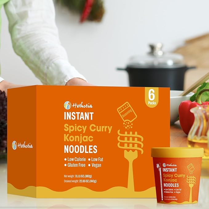 Hethstia Konjac Noodle Soup, 6-Pack Instant Shirataki Noodle Spicy Curry Cups – Low Carb, Vegan, Keto, Gluten-Free, Ready-to-Eat Asian Pho, Low-Calorie Quick Meal, 34.32oz