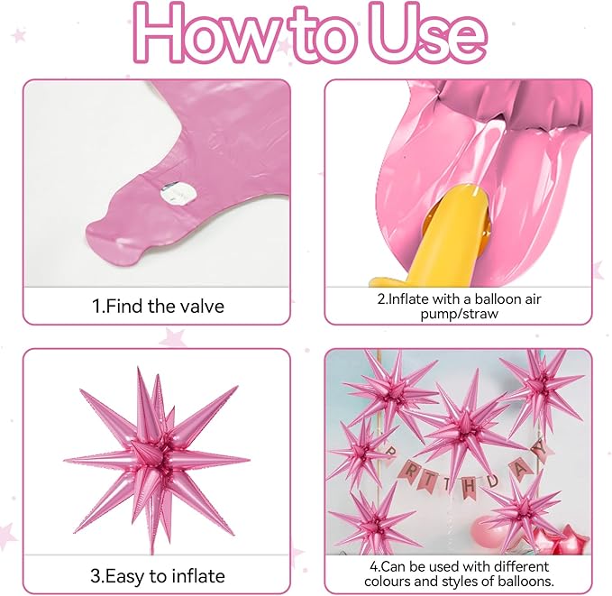 6PCS Star Balloons, 22Inch Large Pink Star Balloon Explosion Foil Balloons Cone Spike Balloon for Birthday Graduation Wedding Anniversary Party Backdrops Decorations