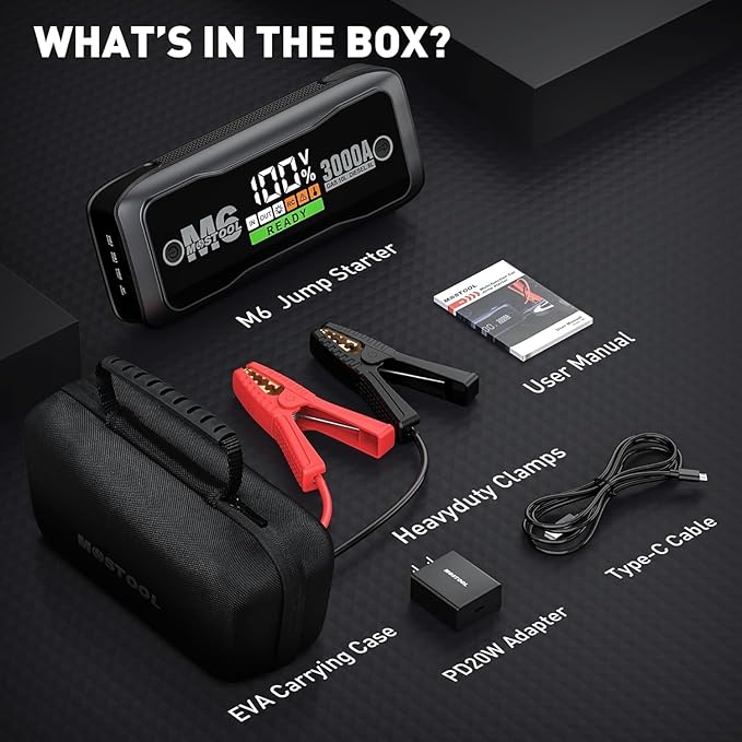MOSTOOL 3000A Car Jump Starter, 12V Portable Battery Jump Starter with LCD Display, Fits Gas Engines up to 10.0L and Diesel Engines up to 8.0L, Gray