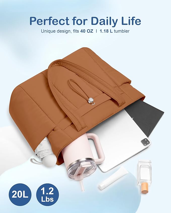TOPDesign Puffy Tote Bag for Women with Cup Holder & Laptop Compartment & Cosmetic Bag & Trolley Sleeve for Work, Travel