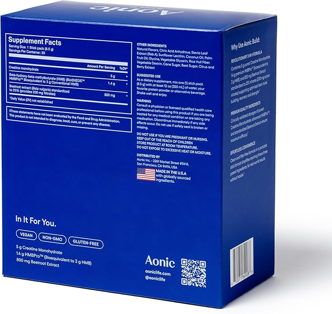 AONIC Build | 3-in-1 Creatine, HMBPro™ & Beetroot Formula | Vegan, Non-GMO Pre/Post-Workout Drink Mix – Unflavored (30 Sticks)