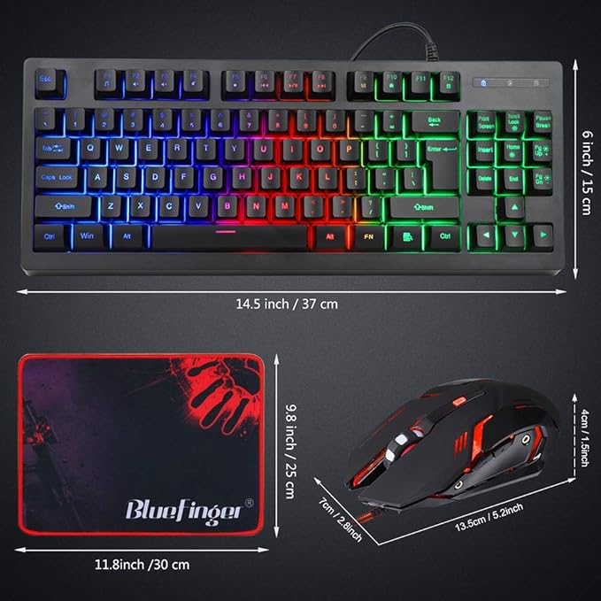 RGB 87 Keys Gaming Keyboard and Backlit Mouse Combo,BlueFinger USB Wired Rainbow Keyboard,Gaming Keyboard Set for Laptop PC Computer Game and Work