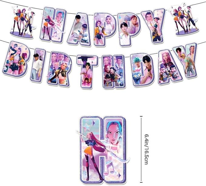 For K Pop Demon Hunters Party Supplies, 50 PCS Birthday Decorations Set Include Banner, Balloons,, Hanging Swirls, Cake Cupcake Toppers, Tablecloth for Boys Girls Hunters Theme Party