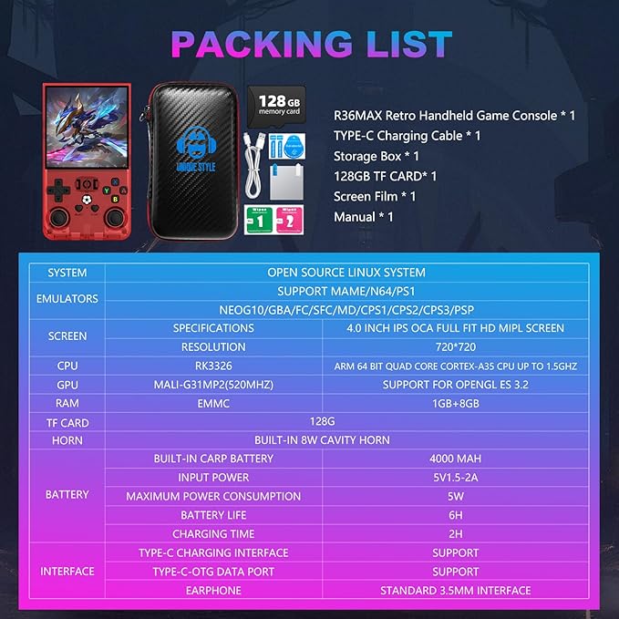 R36MAX Retro Handheld Game Console, 4.0 Inch 720x720 IPS Screen, 128GB Built-in 22000+ Classic Game, Portable Hand Held Open Source Linux System, 4000mAh Battery Retro Gaming Console(Red 128GB)