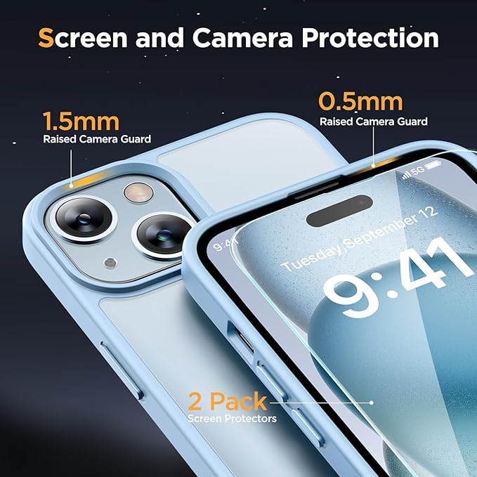 Miracase Magnetic for iPhone 15 Plus Case 6.7 inch (Compatible with MagSafe)(with 2X Screen Protectors) Military-Grade Protection, Anti-Fingerprint Translucent Matte Phone Cover, Light Blue