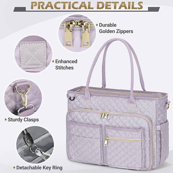 RAINSMORE Teacher Tote Bag 15.6 inch Laptop Bag for Women Work Bags Laptop Tote Nurse Bag Professional Computer Messenger with Insulated Pocket, Laptop Briefcase for Office, College, Gray Lilac