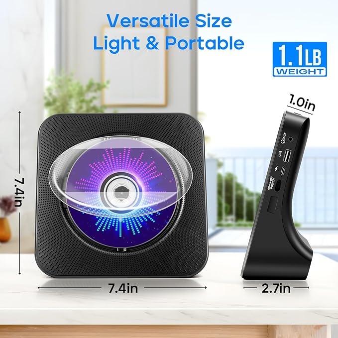 Desktop CD Player with Speakers, ROADOM CD Players for Home, Portable CD Player with Bluetooth Hi-Fi Stereo Sound,Remote Control,Supports CD/Bluetooth/FM Radio/U Disk/AUX/Timer/Repeat,Black