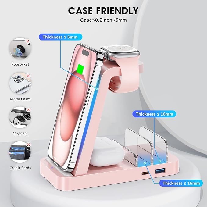 Wireless Charger for iPhone - 5 in 1 Charging Station for Multiple Devices Apple: Wireless Charging Stand Dock for iPhone 17 16e 16 15 14 13 12 Pro Max Apple Watch Airpods