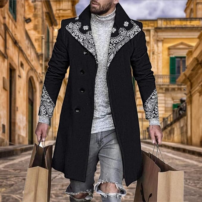 Men's Plaid Long Trench Coat Mid - Length Lapel Collar Button Down Warm Overcoat for Winter & Autumn Fashion
