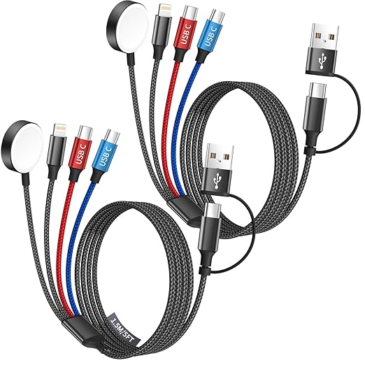 Dual Type-C Port 4 in 2 Multi Charging Cable for Apple iWatch Charger/iPhone 17/Lightning, Travel Charger for Multiple Devices, iPhone 17 Charger for iWatch Ultra/SE/11-2, iPhone16-8, iPad - 2Pcs 5FT