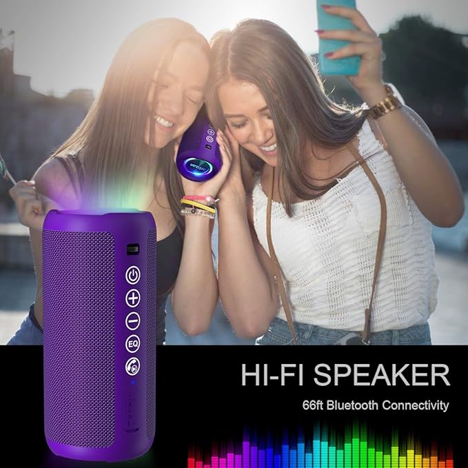 Ortizan Portable Bluetooth Speaker: IPX7 Waterproof, 24W Loud Sound, Deep Bass, Bluetooth 5.3, LED Lights, Wireless Stereo Pairing, 30H Playtime, for Home/Outdoor/Party/Beach, Birthday Gift (Purple)