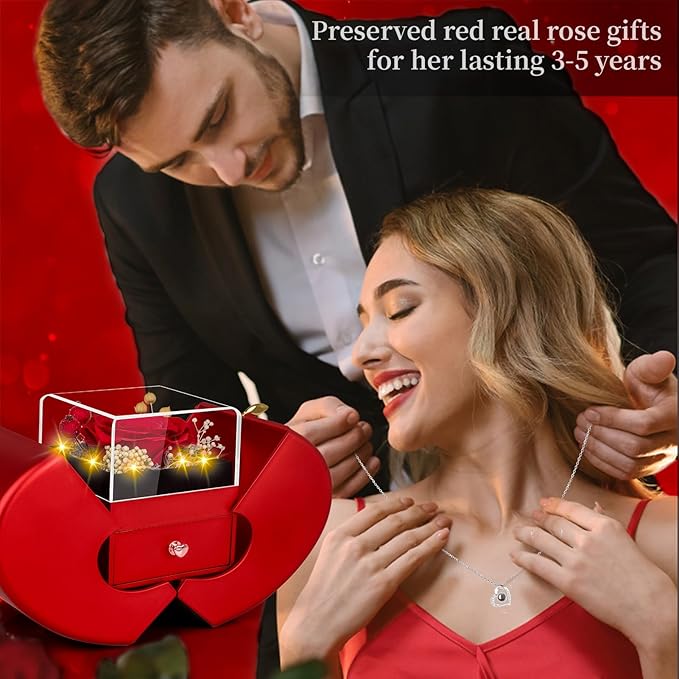 Preserved Red Real Rose with I Love You Necklace, Birthday Gifts for Women Her Mom Wife Girlfriend Grandma Christmas Anniversary Romantic-Red