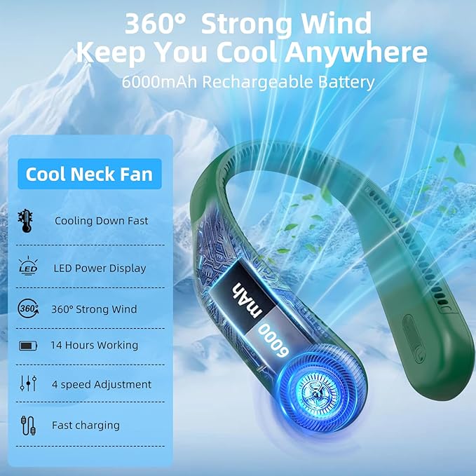 Portable Neck Fan,Hands Free Personal Wearable Bladeless Fan,6000mAh USB Rechargeable,360° Cooling,LED Display,4-Speeds,Birthday Gifts for Men Women Dad Mom,Christmas Gifts (Dark green)