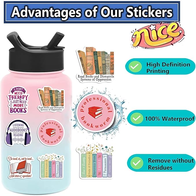 50pcs Reading Stickers for Laptop Water Bottle,Book Lover,Bookish for Kindle Gifts Accessories for Adults