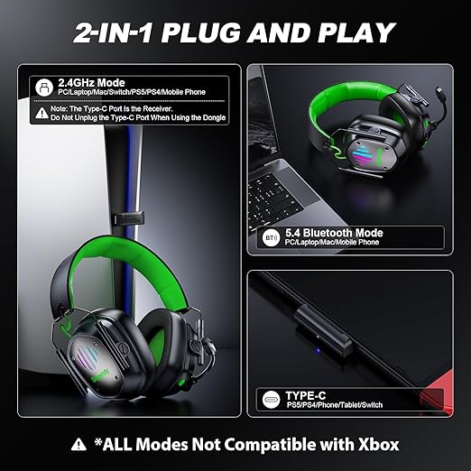 Wireless Gaming Headset for PS5, PS4, PC, Switch, Mac, Mobile, USB & Type-C 2.4GHz Gaming Headphones with Mic ENC Noise Cancelling, 50mm Drivers, 3D Surround Sound, Cool RGB Lights, 50-Hr Battery