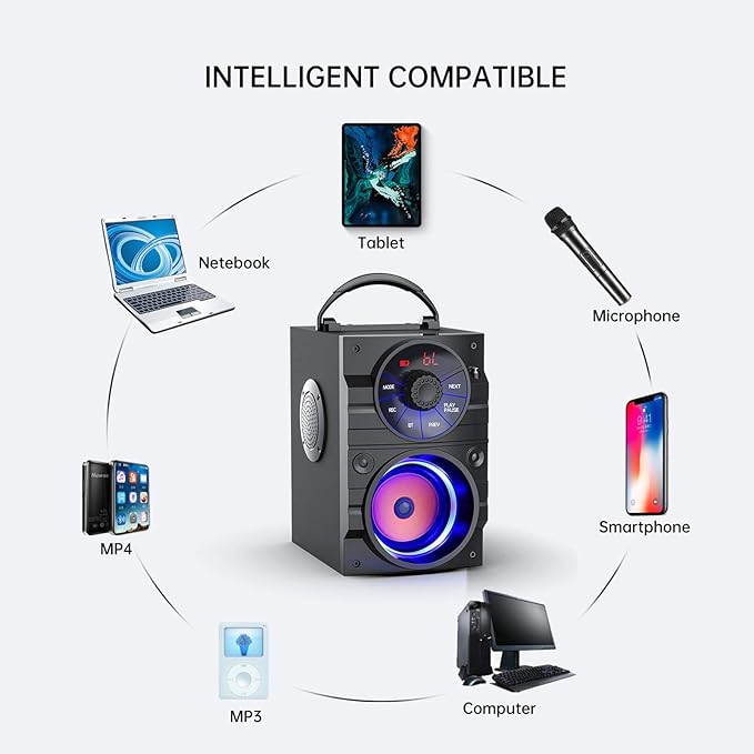 Portable Big Bluetooth Speakers with Light, Wireless with Subwoofer, FM Radio, LED Lights, EQ, Booming Bass, Bluetooth 4.2 Stereo Loud Outdoor/Indoor Retro , for Home, Camping, Travel