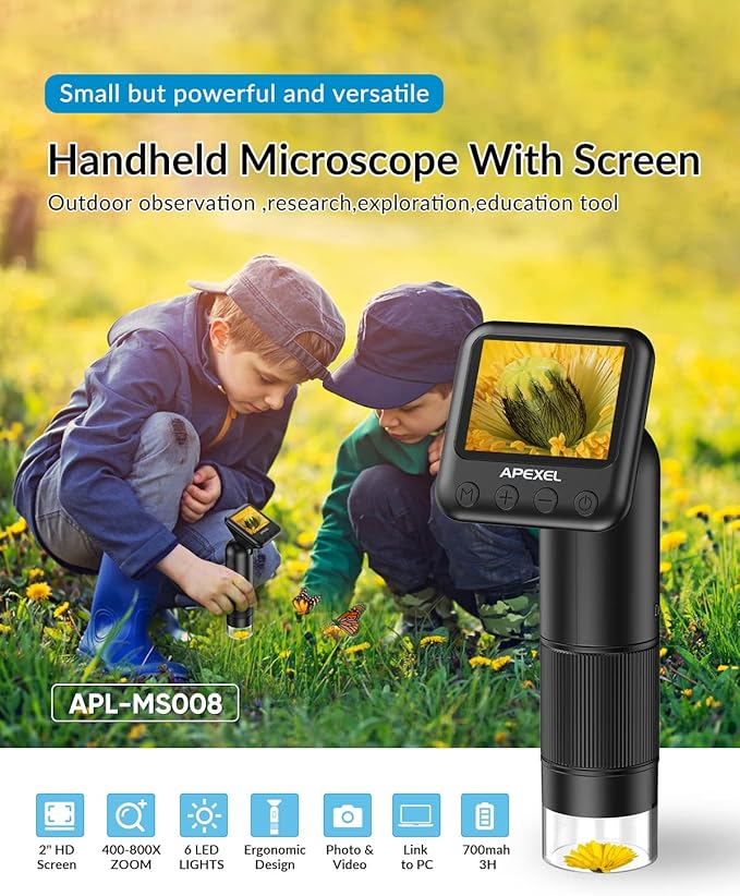 800X HD Handheld Digital Microscope for Adults, with 2" LCD Screen Pocket Microscope for Kids, USB Lab Handheld Digital Microscopes Equipment, with 32GB SD Card