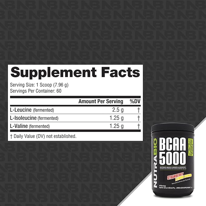 NutraBio BCAA 5000 Powder - Vegan Fermented BCAAs - Supports Lean Muscle Growth, Recovery, Endurance - 60 Servings - Strawberry Lemon Bomb