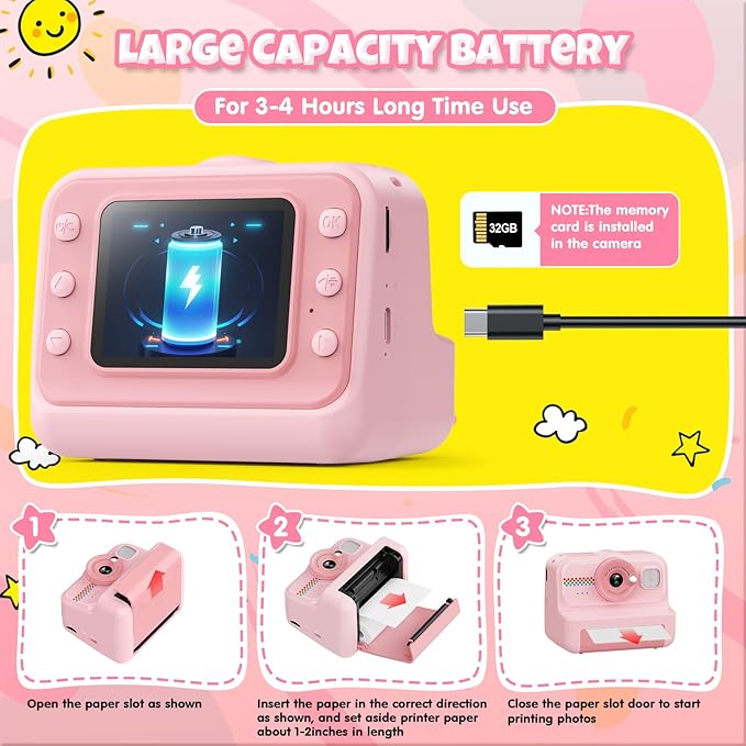 Kids Camera Instant Print, 1080P HD Instant Print Camera for Kids with 3 Rolls Print Paper & 32GB Card, Selfie Digital Camera for Kid, Ideal Kid Toys Gifts for Boys & Girls Age 3-14 (Pink)