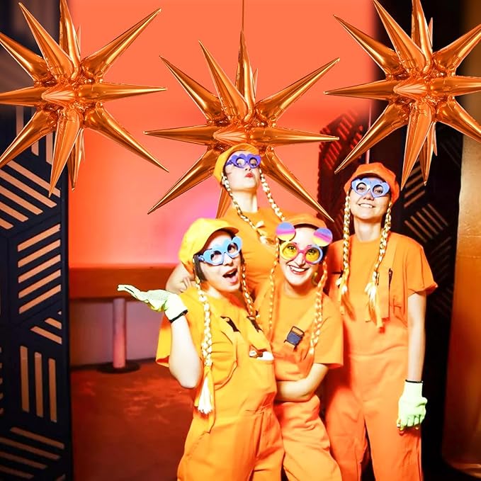 TONIFUL 4 Pcs 22inch 4D Orange Explosion Star Mylar Balloons 14Point Star Balloons for Party Backdrop Christmas,New Year Birthday,Halloween, Wedding Baby Shower Anniversary Photo Booth Supplies