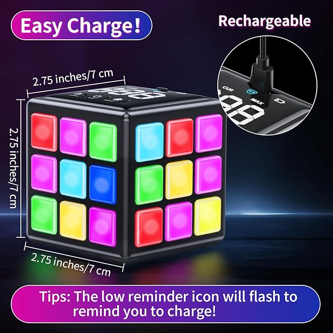 Rechargeable Game Cube - 15-in-1 Fun Brain Memory & Speed Games for Kids - Christmas Easter Birthday Gifts for Boys Girls Ages 6-12+ Years Old - Toys for Kids Teens with Score Screen (Black)
