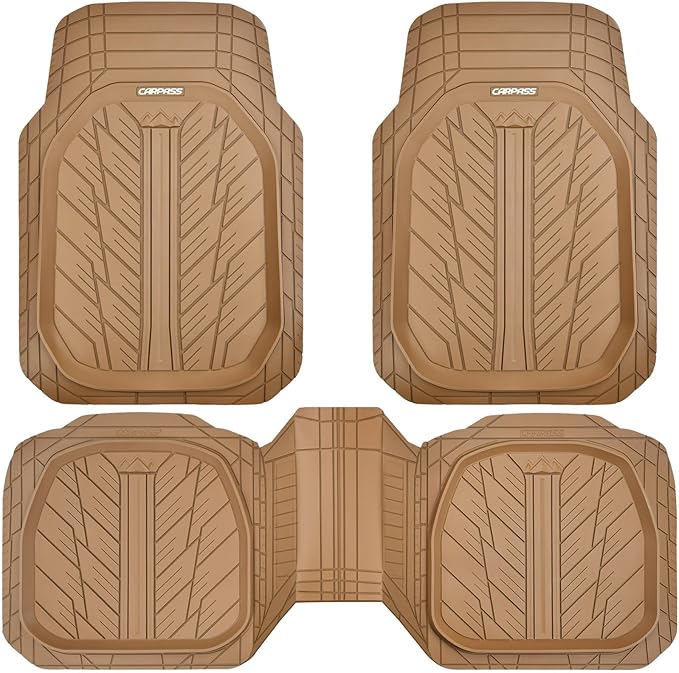 CAR PASS Tire Tread DeepDish Rubber Floor Mats for car Heavy Duty car mats All Weather, Universal XL~M Trim to Fit for Truck SUV Vehicle Automotive, Waterproof car mats 3 Piece Solid Beige
