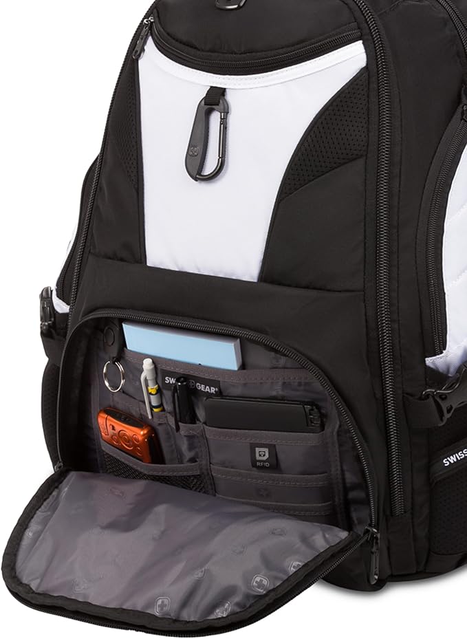 SwissGear 1900 ScanSmart 17” Laptop Backpack White/Black – Reflective Tech Backpack with ScanSmart Compartment – Multiple Organizer Pockets & RFID Scan Blocking Technology