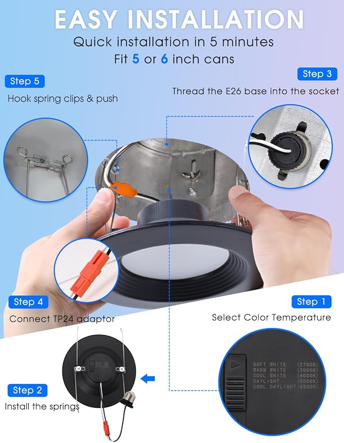 12 Pack 5/6 Inch 5CCT Black LED Recessed Lighting Retrofit, 2700K/3000K/4000K/5000K/6500K Selectable, Dimmable Can Lights with Baffle Trim, 12W=150W, High Brightness 1000LM, Wet Rated, ETL Certified