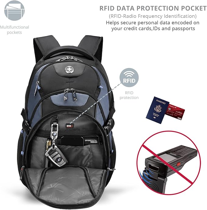 Swissdigital Design Laptop Backpack, Travel Backpack with USB Charging Port Fits 15.6 inches Computer, 31L College School Bookbag for Men,Haze Blue/Black | SD803-16