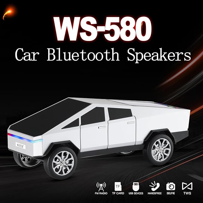 WSTER Futuristic Truck Replica Bluetooth Speaker with LED Display Screen β Practical Gift for Model Collectors, Music Listeners & Tech Fans, TWS Pairing, FM Radio, LED Headlight Detail & Mic (Silver)