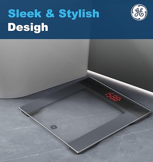 GE Bathroom Scale for Body Weight: Highly Accurate Digital Scale Weighing Machine with Clear Tempered Glass, 11.8" Large Platform, LED Display, 400 lbs, 4 Units, with Body Tape Measure and Batteries