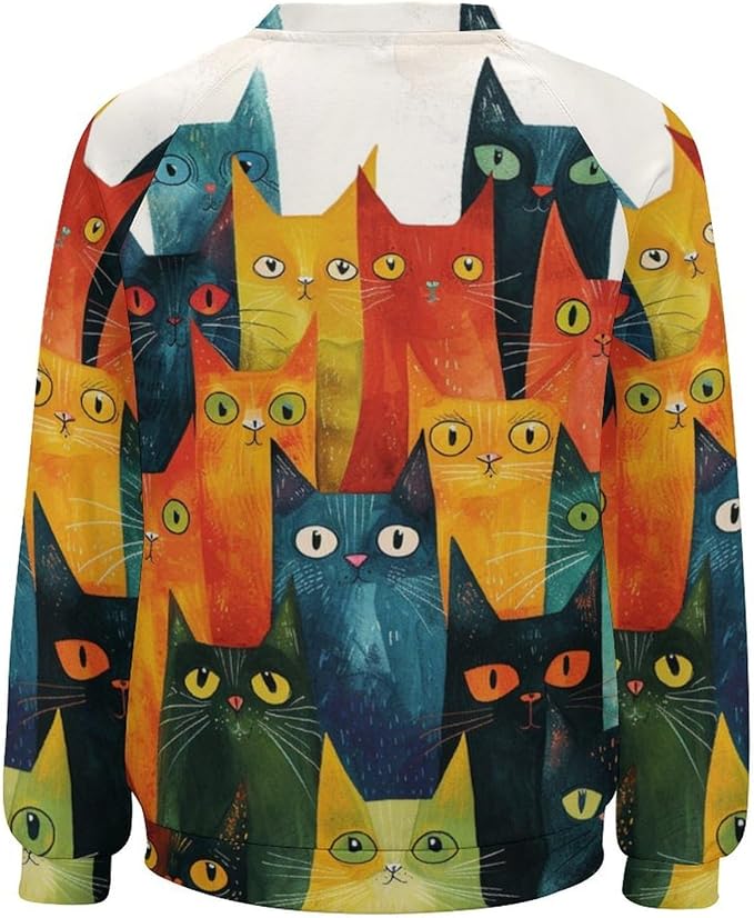 Fall Sweaters for Women 2024 Cat Print Long Sleeve Casual Crewneck Warm Fall Pullover Comfy Fashion Sweatshirts