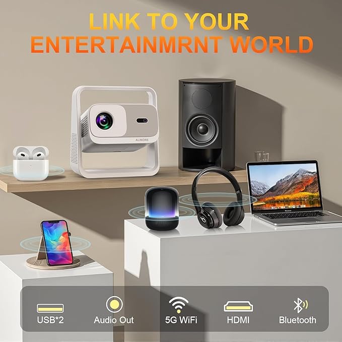Smart Projector with WiFi and Bluetooth, Built-in Apps, Electric Focus & Auto Keystone Portable Outdoor Projecor, Native 1080P Projector 4K Support, Movie Projector for Home Theater (25000LM)