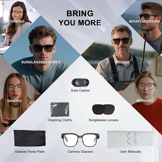 AI Smart Glasses with Camera, 8MP HD Camera Glasses for Men Women, 1080P Video Recording Sunglasses, Real Time Translation, Voice Assistant, AI Photo Recognition,Bluetooth Glasses for Travel/Meet/Vlog