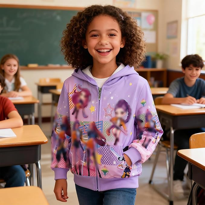 Ecocomfy Pop Singer Costume for Girls, 3D Printed Hooded Sweatshirt, Kids Casual Novelty Hoody Long Sleeve Zipper Jacket